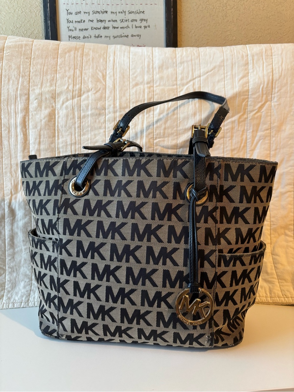 Vintage MICHAEL Michael Kors Black and Beige MK Logo Tote Bag
